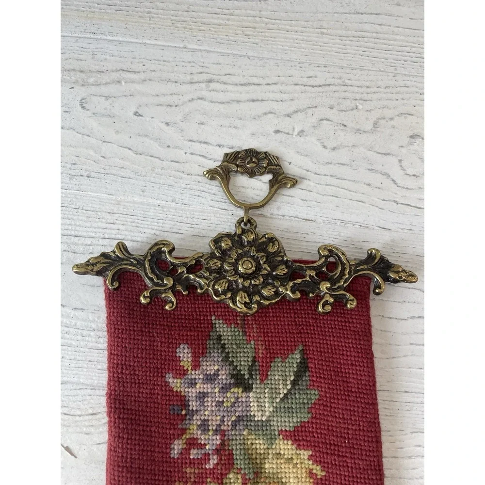 Vtg Burgundy Needlepoint Tapestry Ornate Brass Bell Pull Wall Hanging 63